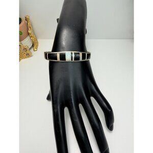 Vintage Navajo Richard Begay Sterling Silver Onyx Opal Inlay Cuff 6.75”
